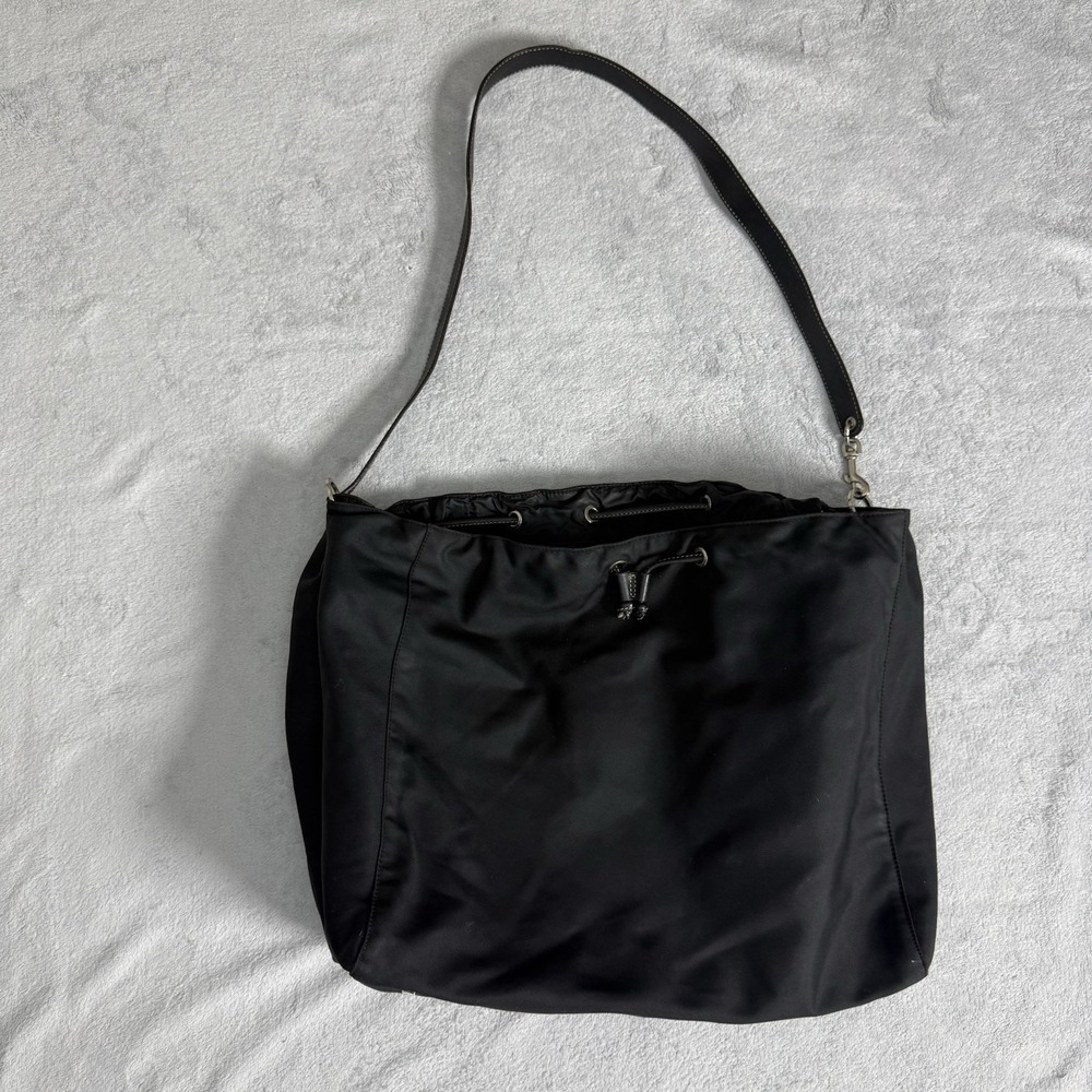 Vintage Kate Spade Black Nylon Drawstring Hobo Shoulder Bag Leather Strap